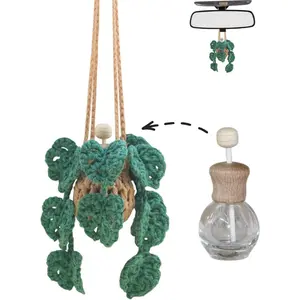 Cute Crochet Plant Monstera Essential Oil Diffuser Bottle-12ml Refillable, Green Accessory For Car Mirror, Home Decor