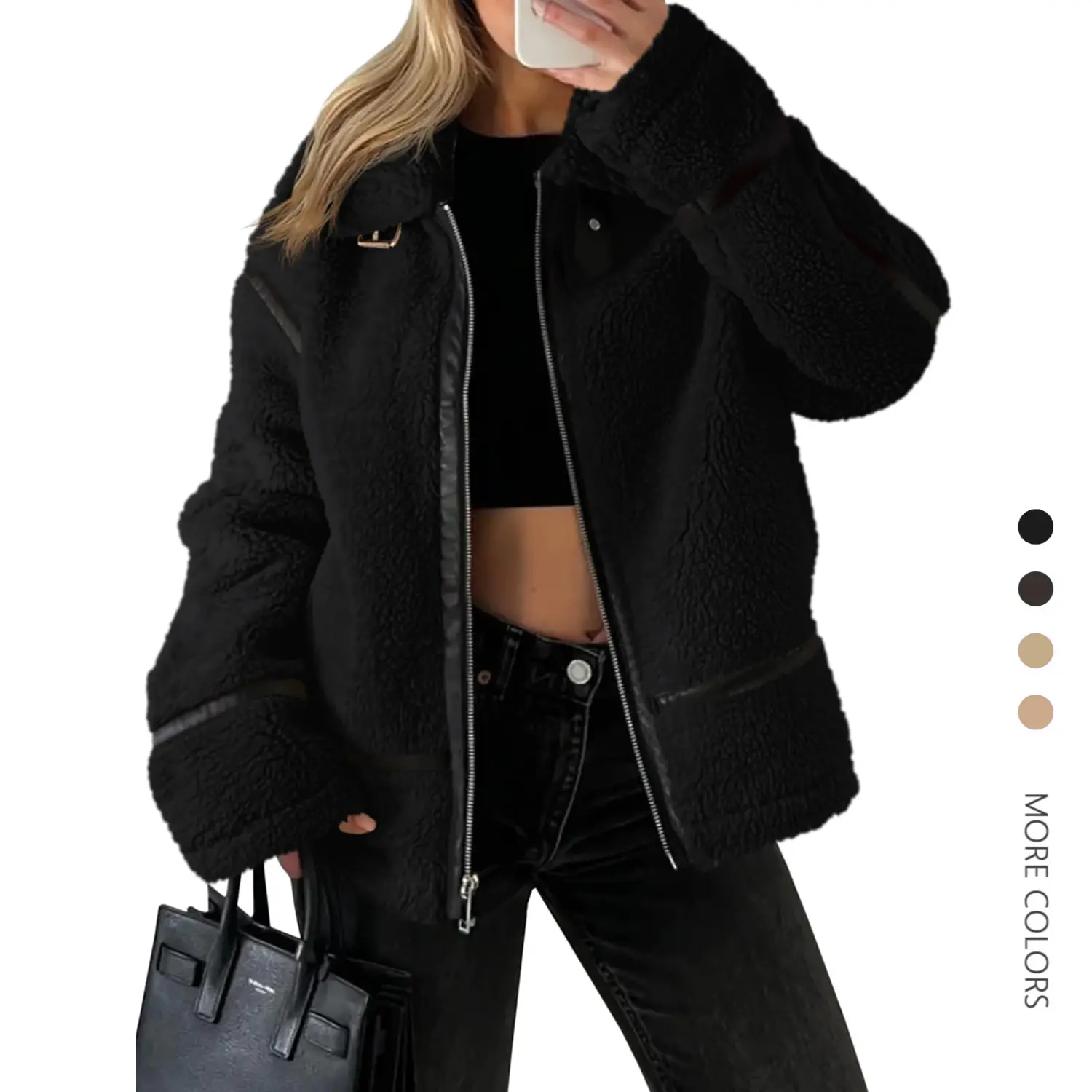 Danedvi Women's Fashion Vintage Oversized Polyester Cropped Jacket - Lady's Long-Sleeve Light Stretchy Comfortable Faux Fur Top, Winter Dressy Casual Zip-Up with Sherpa, Moto Leather Patchwork, Pockets