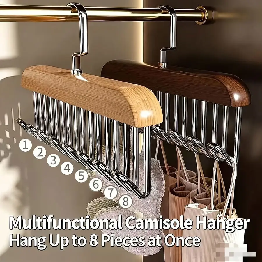 Wooden Clothes Hanger with 8 Hooks, 360° Rotating, Suitable for Bras, Tank Tops, Scarves, Closet Organizer, Wood Clothes Hangers, Multifunctional Hanger, Shawl Hanger