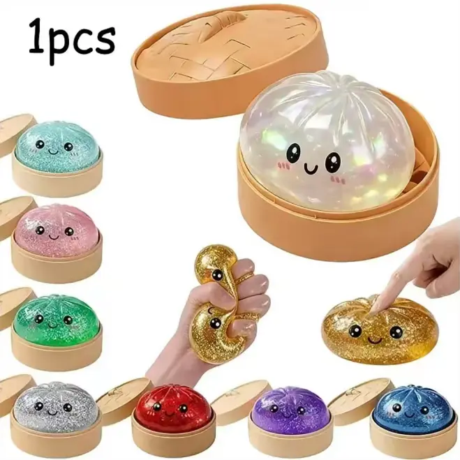 Portable Glitter Dumpling Squishy Toy - Transparent Moldable Squishies with Steamer Box, Calming Stress Relief Gadget, Kids Party Whimsical Mini Gift, Stress Relief Gadgets, Squishies Toys