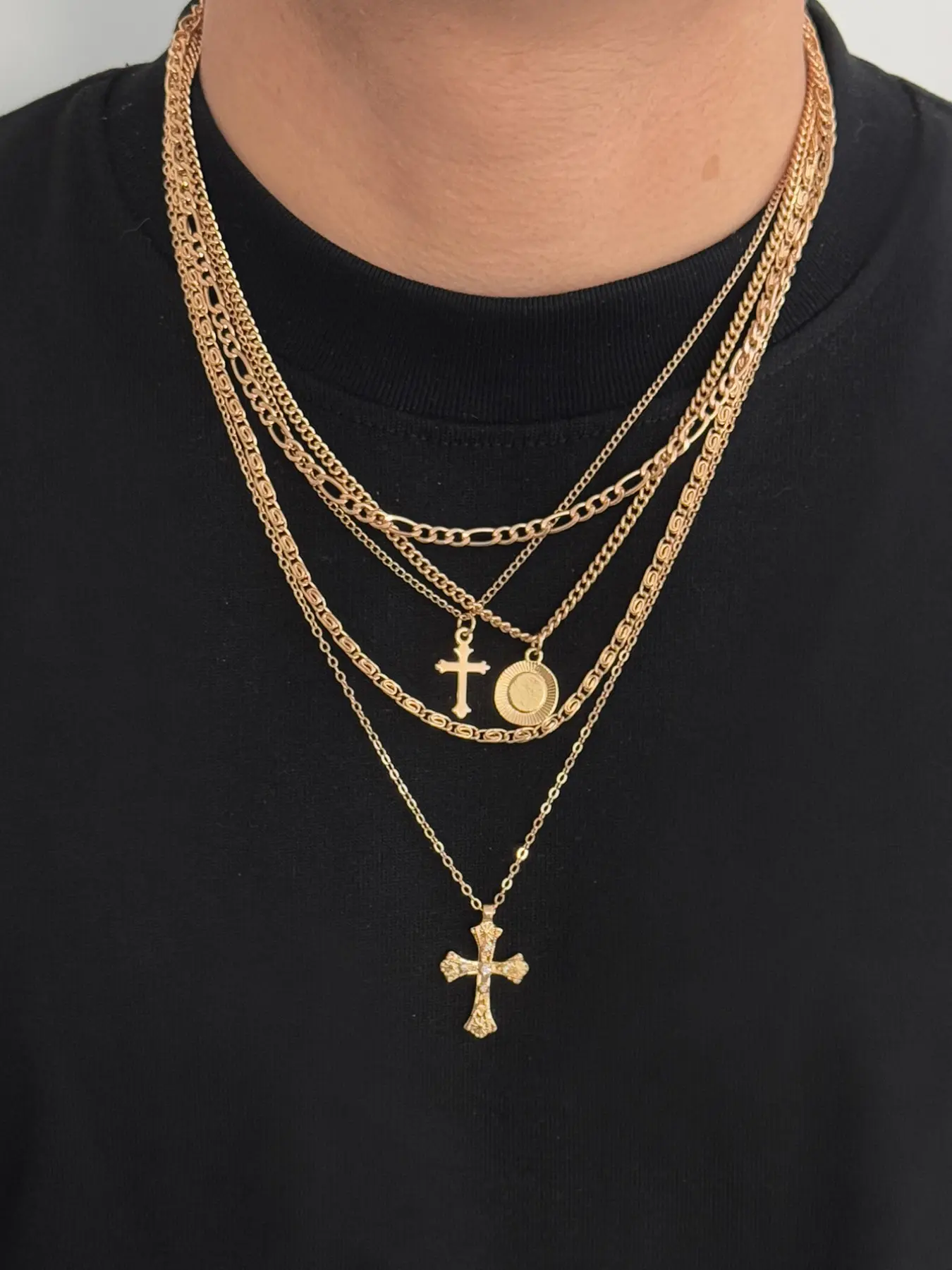 5-Piece Set Multi-Layer Cross Necklace, Chain, Men's Hip-Hop Style Layered Necklaces, Unisex Versatile Collarbone Chains, Cross Charm Necklace, Alloy Necklace, Cross Chain Design, Casual Trendy Jewelry
