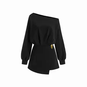 Cider 100% Cotton Asymmetrical Neck Metal Detail Sweatshirt Mini Dress