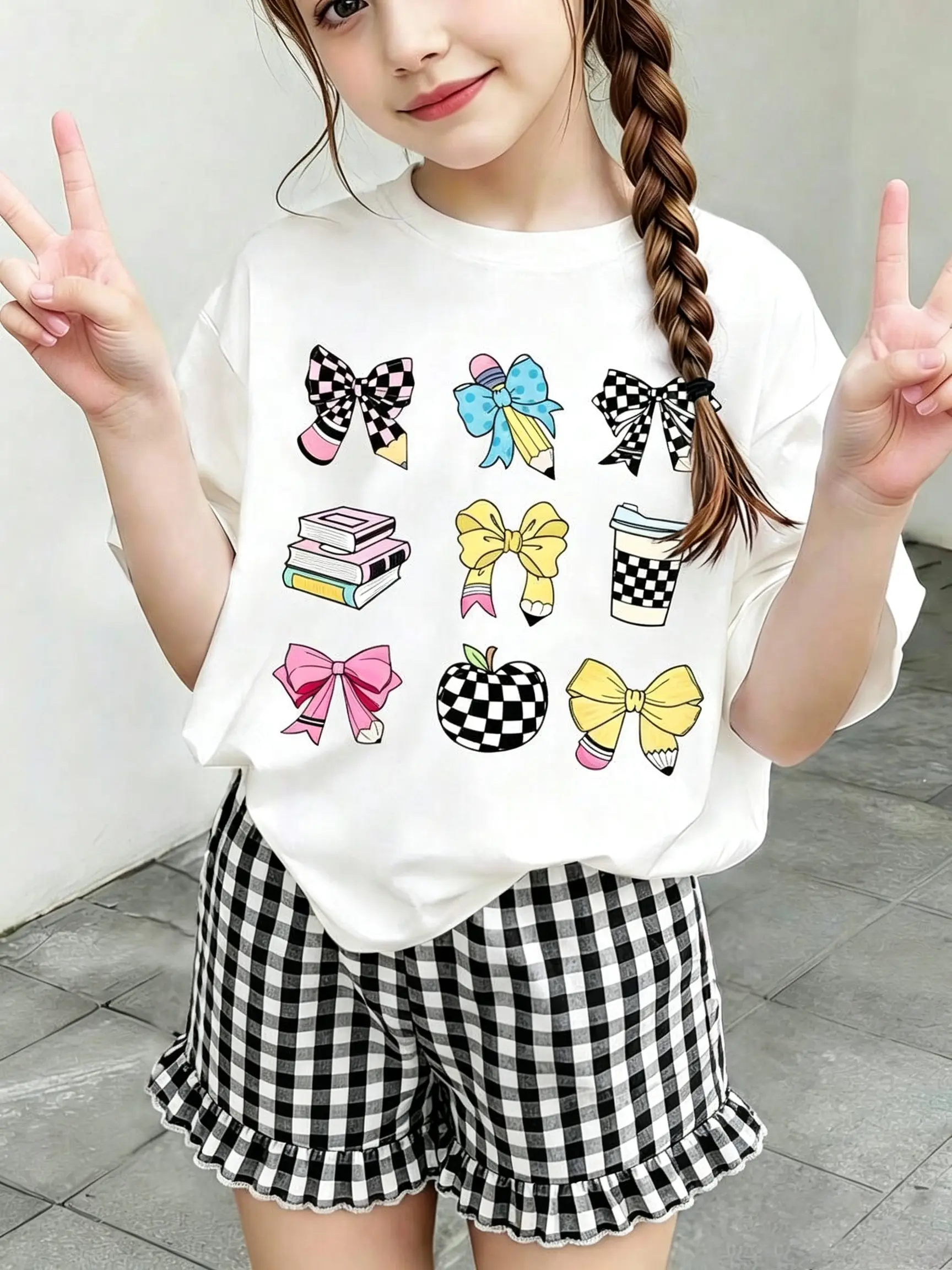 Kids Clothing Girls 2-Piece Outfit Set, Cute Look with Casual Bow Graphic T-Shirt & Gingham Plaid Ruffle Shorts, Ages 4-16Years