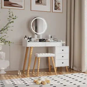 [Bellemave]Dressing Table with LED Lights Glass Top Dressing Table with Extendable Side Table 5 Drawers Dressing Table with Mirror and Stool for Bedroom