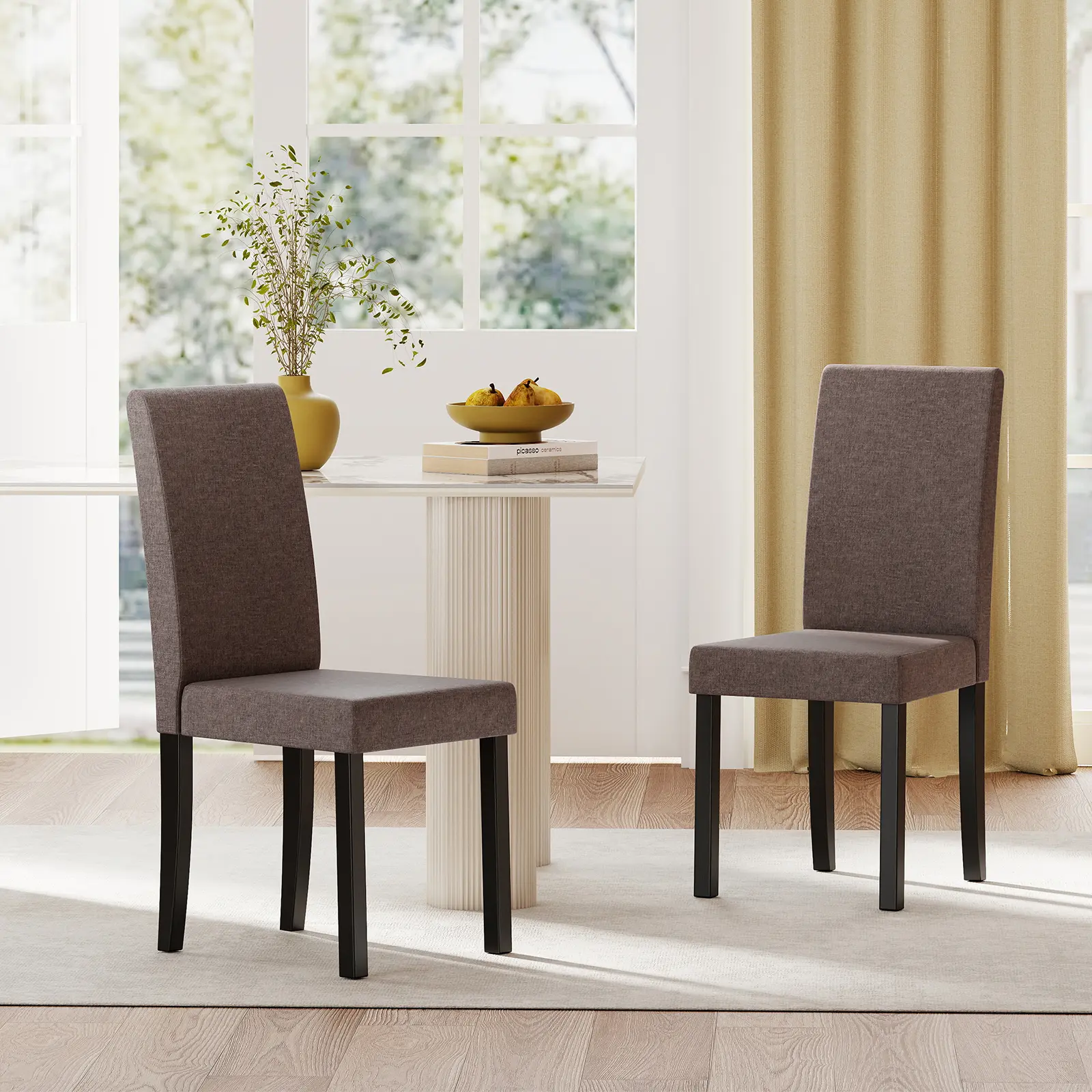 COSTWAY - Set of 2 Dining Chair Mid-Century Modern Fabric Upholstered Parson Chairs-Brown