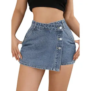 Renaishow Women's High Waisted Button Front Denim Skort Asymmetrical Hem Skirt Shorts
