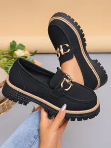 Women's Thick Sole Loafers, Slip On Shoes, Metal Buckle Vintage Leather Shoes, Versatile Commuter Chunky Heel Elevator Single Shoe