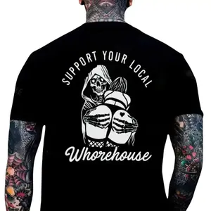 Support Your Local Whorehouse T-Shirt Bold Skeleton Tattoo Graphic for Men & Women Edgy Biker Humor Tee Streetwear with Savage Attitude Classic Crew-Neck Short-Sleeve Tee Jet Black Premium Cotton Blend