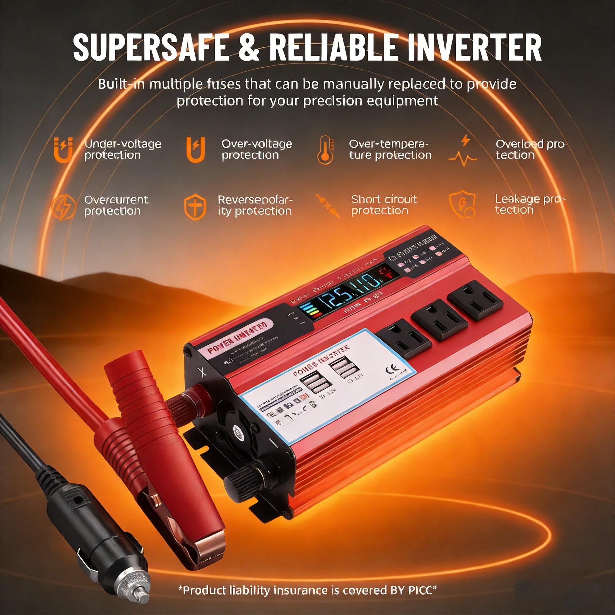 High Power 5000W Peak Car Power Inverter DC 12V to 110V AC Portable Power Inverter for Vehicles Built-in Cooling Fan Multi-Protection System 4 USB Fast Charging Ports 3 AC Sockets Ideal for RV Truck Boat Camping Outdoor Travel Emergency Use