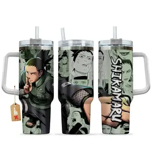 40oz STORMMECH Stainless Steel Insulated Beverage Tumbler with Black Cap & Handle - Naruto Shippuden Shikamaru Shadow Possession Jutsu, Washable Portable Flask, Hidden Leaf Anime Travel Mug, Double-Wall Iced Coffee Holder, Gift for Anime Fans
