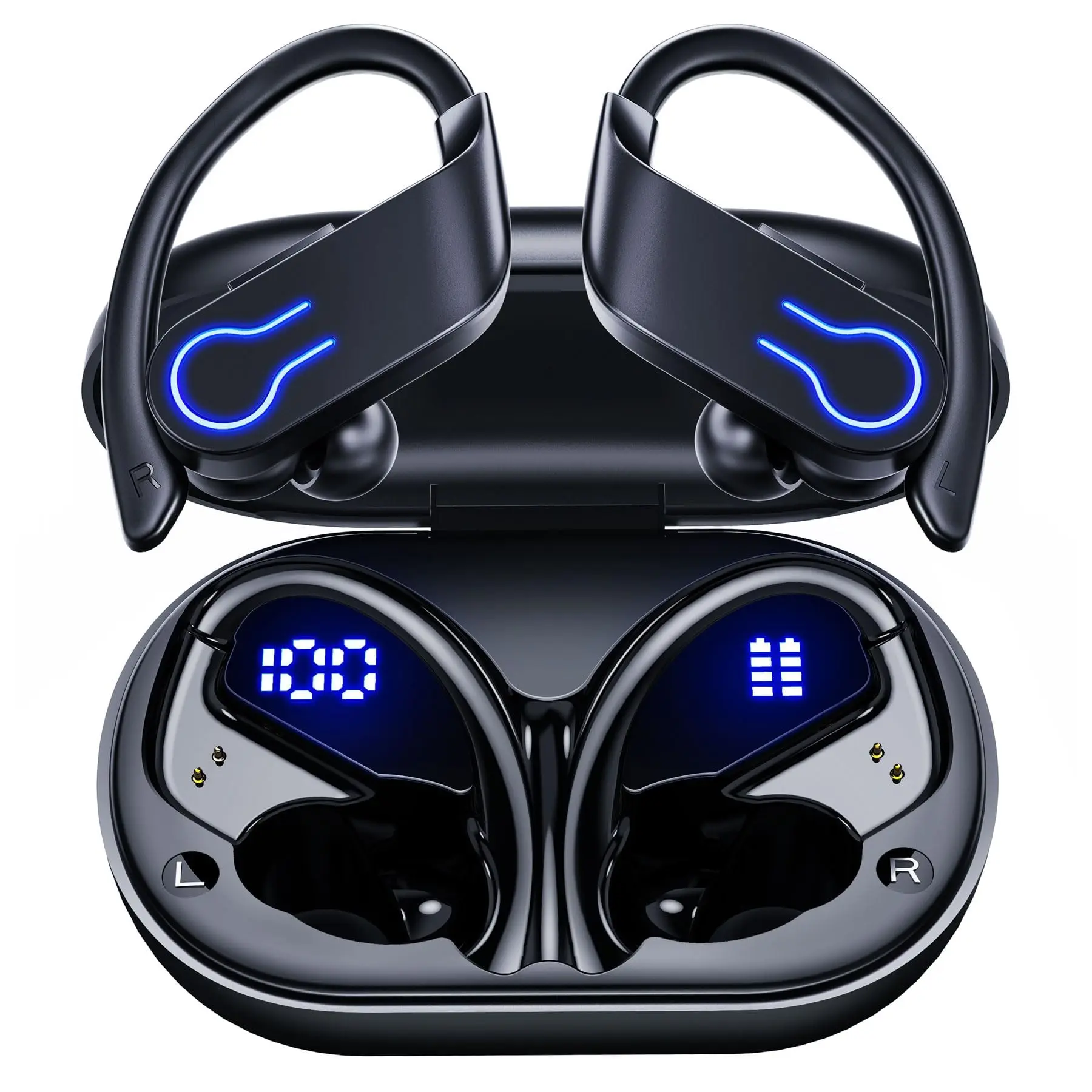Multifunctional Earbuds - Built-in Bluetooth 6.1 Wireless Headphones, Active Noise Cancellation, 200H Playtime, Low Latency, IPX7 Waterproof, LED Power Display, Ergonomic Ear Hook, Call Receiving - Ideal for Sports, Travel - Black, Active Noise Cancellati