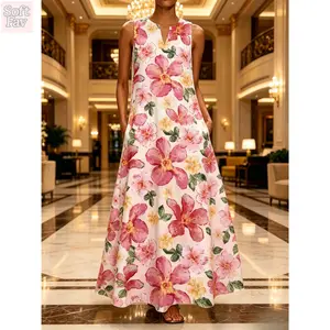 SoftFav 2026 Women’s Floral Maxi Dress Elegant Sleeveless V-Neck Long Dress-POD
