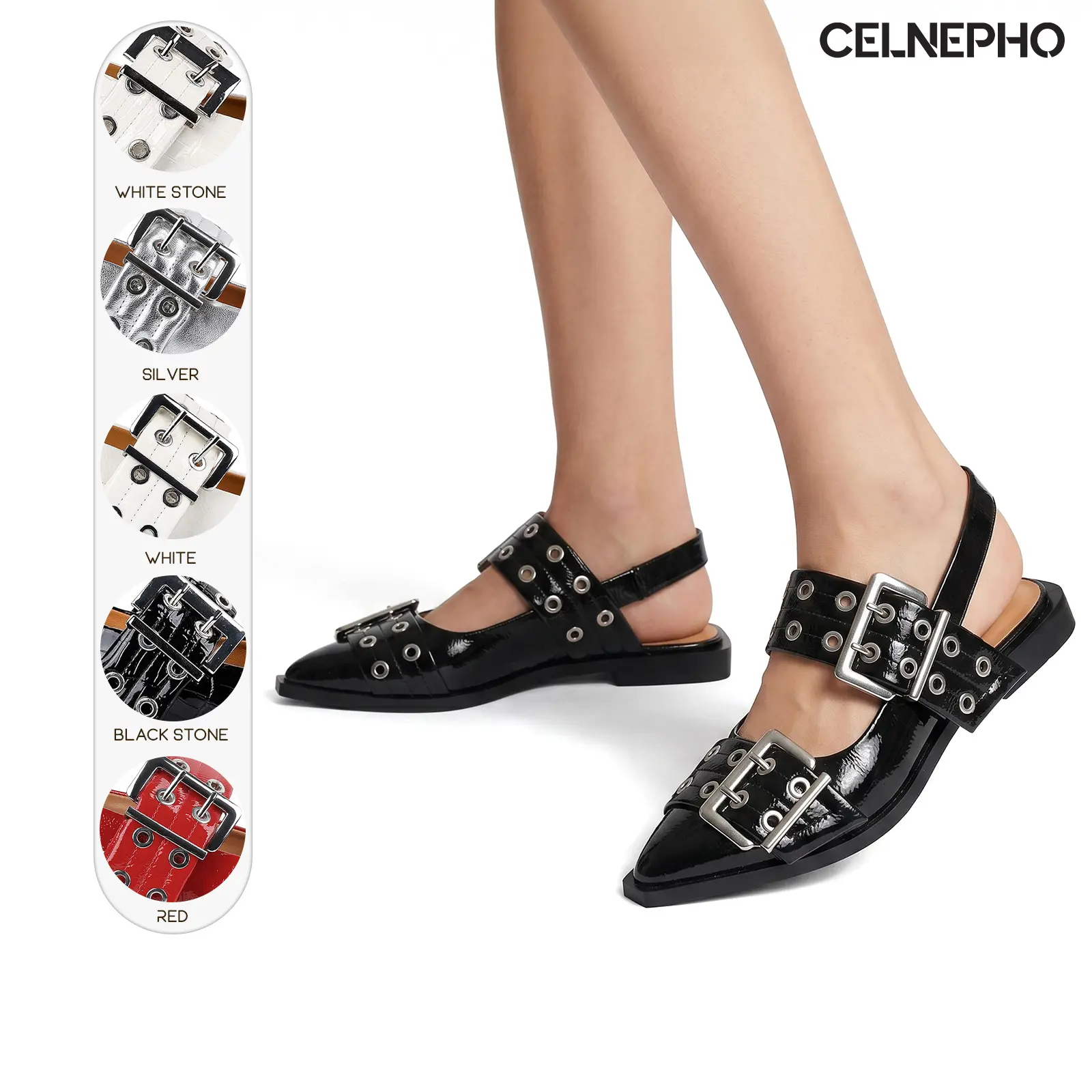 CELNEPHO Ballet Flats for Women Pointed Toe Flat Block Heel Metallic Buckle Strap Easy Slip-on Slingback Flats Comfortable Casual Party Date Everyday Wear Ballerina Fashionable Wedding Dress Shoes