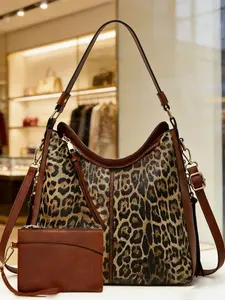 Fashion Vintage Leopard Print Large Capacity Soft Leather Tote Bag, Single Shoulder Crossbody Bag for Various Occasions and Parties, Stylish Crossbody Bag, Fashionable Crossbody Bag