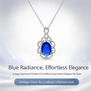 Dainty Silver-Plated Oval Cubic Zirconia Pendant Necklace - Sapphire Blue Halo Frame, Adjustable O-Link Chain, Ornate Colored Crystals, Vintage Luxury Costume Jewelry, Formal Evening, Elegant Style Crystal Necklaces, Ideal Gift for Girlfriend, Elegant Sty