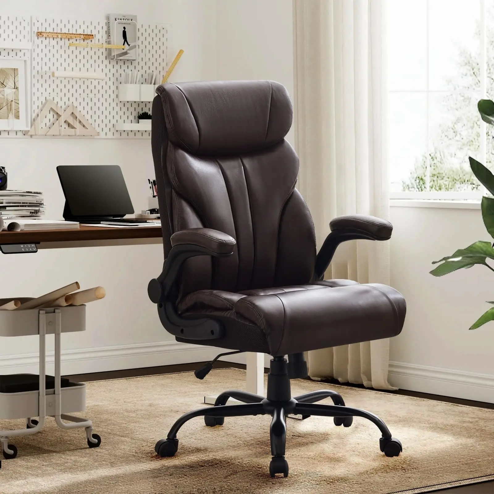 GARVEE Coffee Brown Big and Tall Office Chair 500LBS, Wide Ergonomic Leather Executive Chair with Adjustable Height & Flip-up Armrests, Reclining Computer Desk Chair for Home Office or Gaming