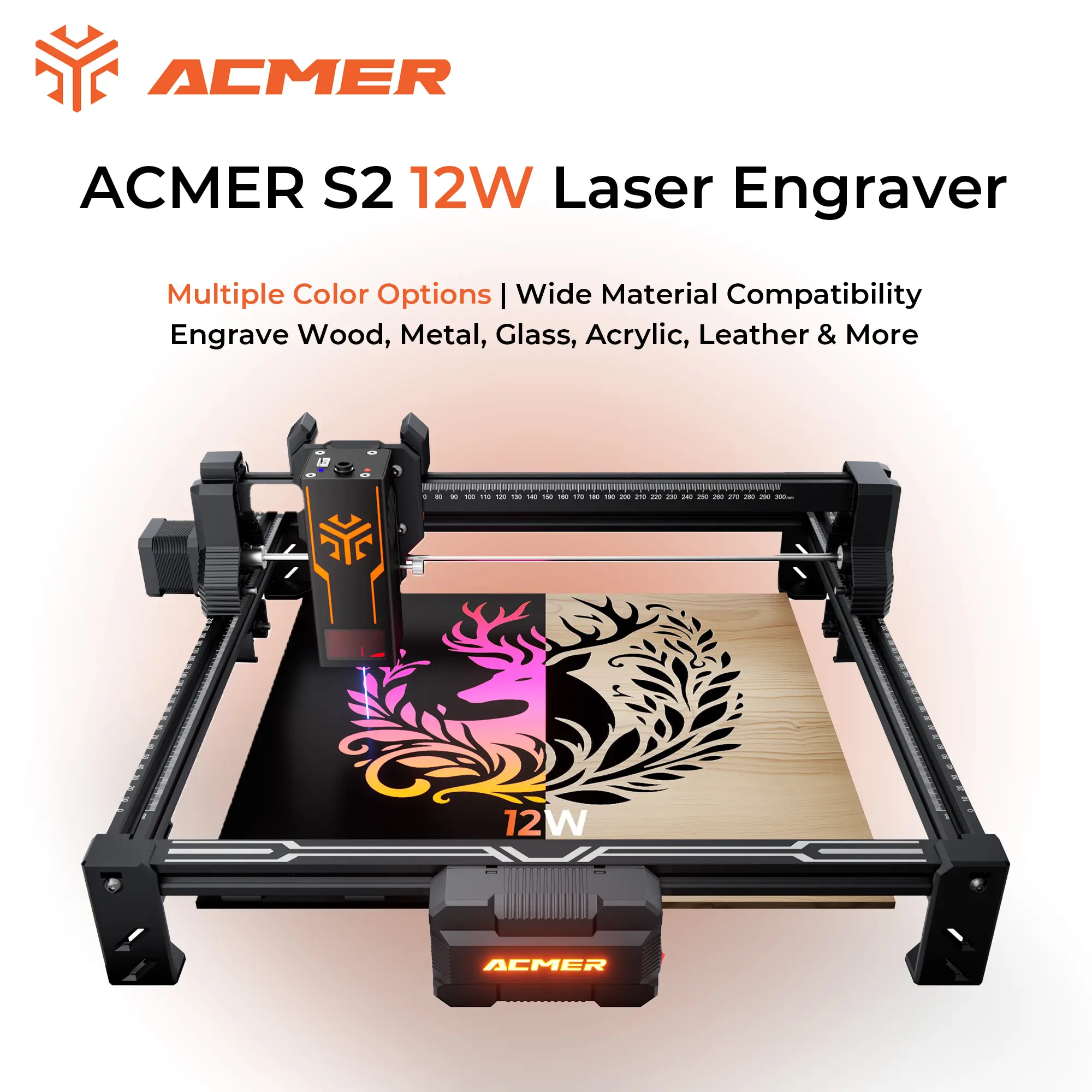 ACMER S2 12W Laser Engraver & Cutter | 300×300mm Large Area | High Precision 12000mW | Easy DIY on Wood, Acrylic & More | Beginner-Friendly
