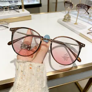 Trendy Korean Style Round Metal Frame Anti-Blue Light Glasses, Ultra-Light Blush Cold Brown Lenses, Anti-Radiation Eyewear for Office Work, Gaming & Daily Screen Use