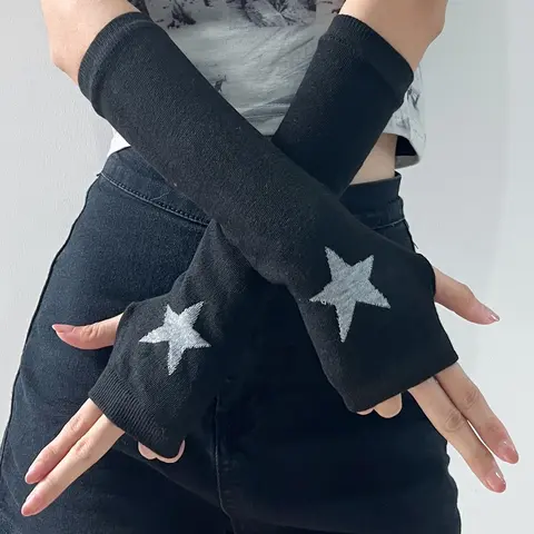 Women's Colorblock Star & Heart Print Arm Sleeves, 1 Pair Fashion Cute Fingerless Patchwork Knit Gloves for Daily Outdoor Wear, Casual Breathable Comfortable Elastic Arm Sleeves