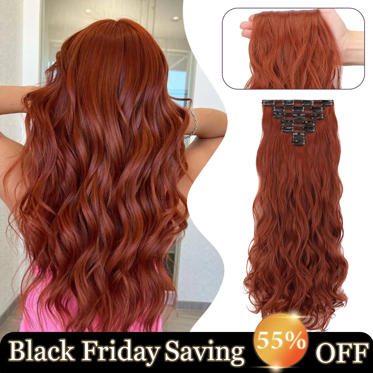 Cephemer Summer Style Clip in Hair Extensions Wavy Synthetic Hairpieces for Women 7PCS 24 inches Clipsin Hair Extension All Day Comfor Daily Party Use Black Friday & Christmas