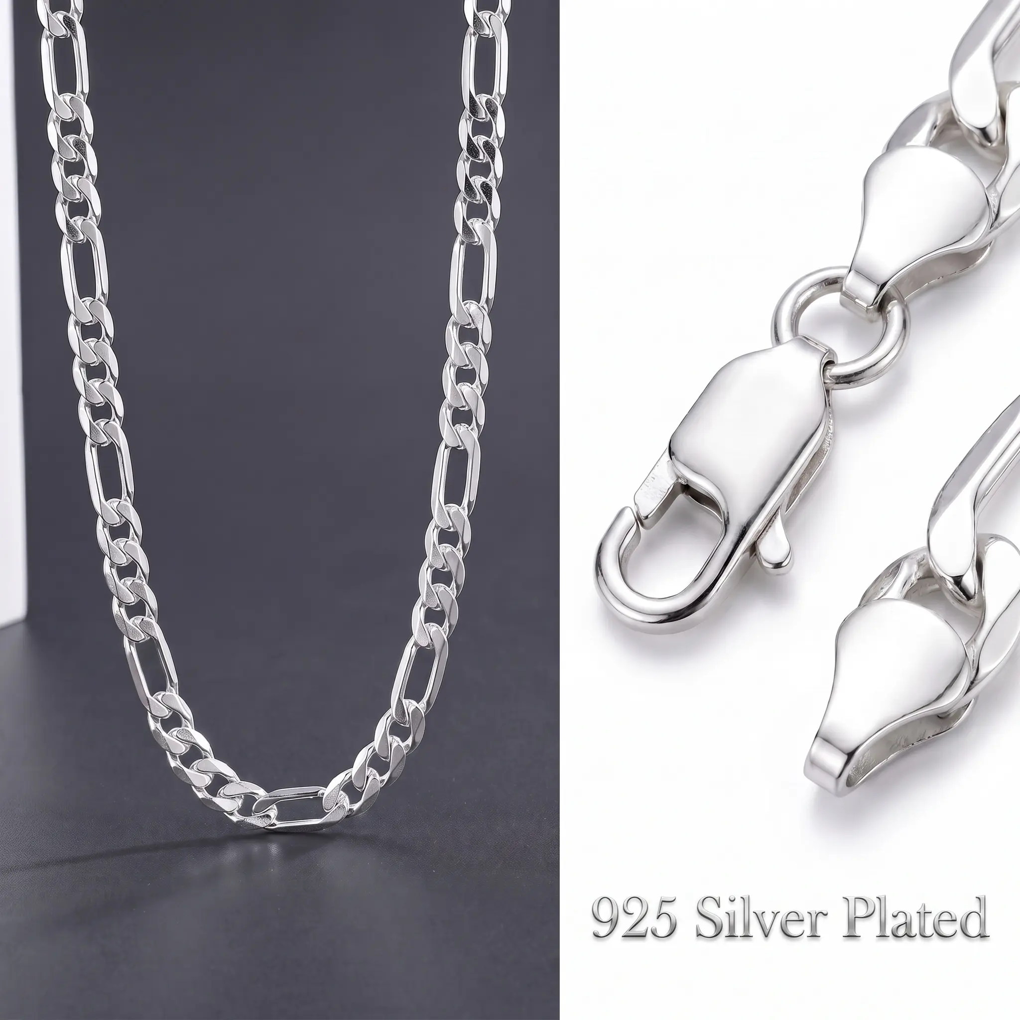 925 Silver Plated Figaro Chain Necklace for Men, 55CM Length 10MM Width, Hypoallergenic Silver Necklace for Women, Unisex Cuban Link Chain Jewelry