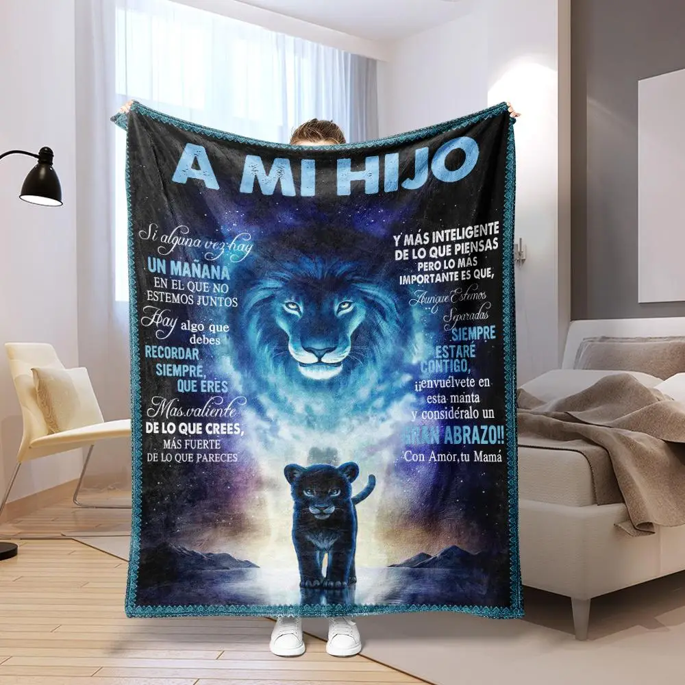 Lion & Letter Print Flannel Blanket, 1/2 Counts Casual Soft Comfortable Throw Blanket, Air-conditioning Blanket for Home & Office, Gift for Son