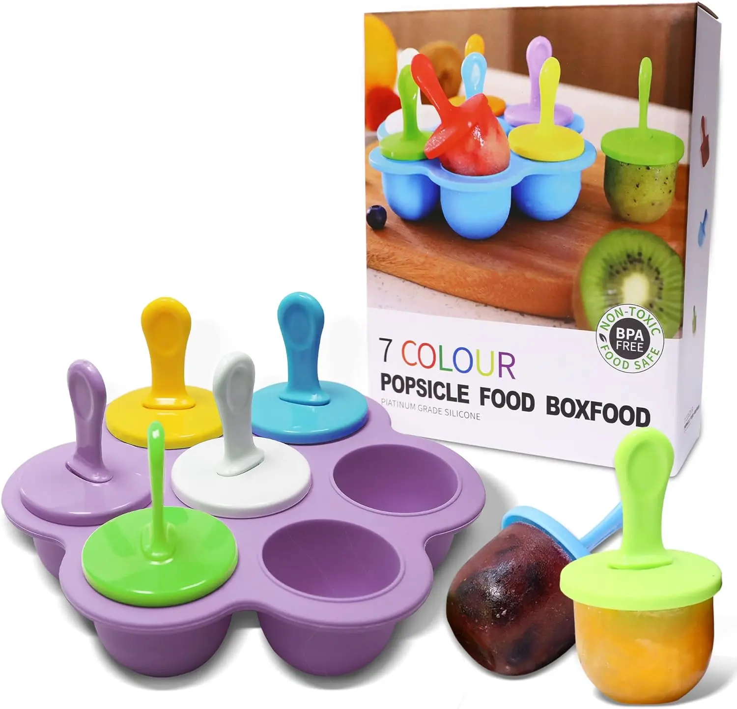 Silicone Popsicle Molds 7-cavity DIY Ice Pop Mold with Colorful Sticks For egg biting ice cream molds storage containers non stick cake molds (Purple)