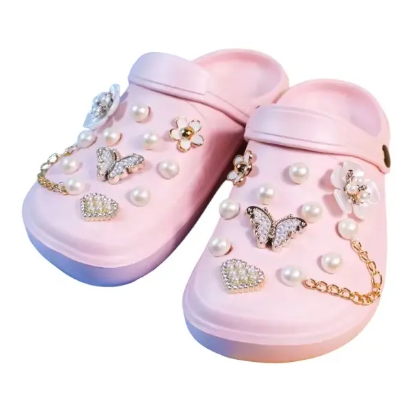 Women's Summer DIY Clogs, Bear Pearl Decor Beach Slides, Cave Hole Garden Casual Flats for Females