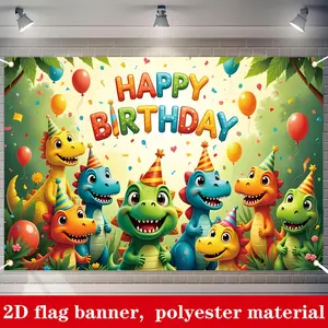 Polyester Reusable Dinosaur Theme Birthday Backdrop - 1-Piece Flat Banner, 2D Cartoon Balloon Forest Photo Background, Kids Party Decoration Supplies, Durable Home Festive Accessory