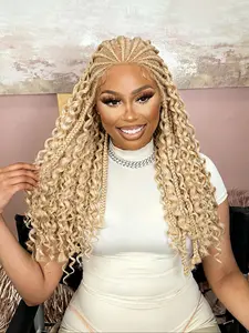 High-Quality HD Full Lace Boho Wig, Hand-Woven Corn Braids with Wave Design, Unique Top Knot Style, Fashionable Eu-Us Color 613