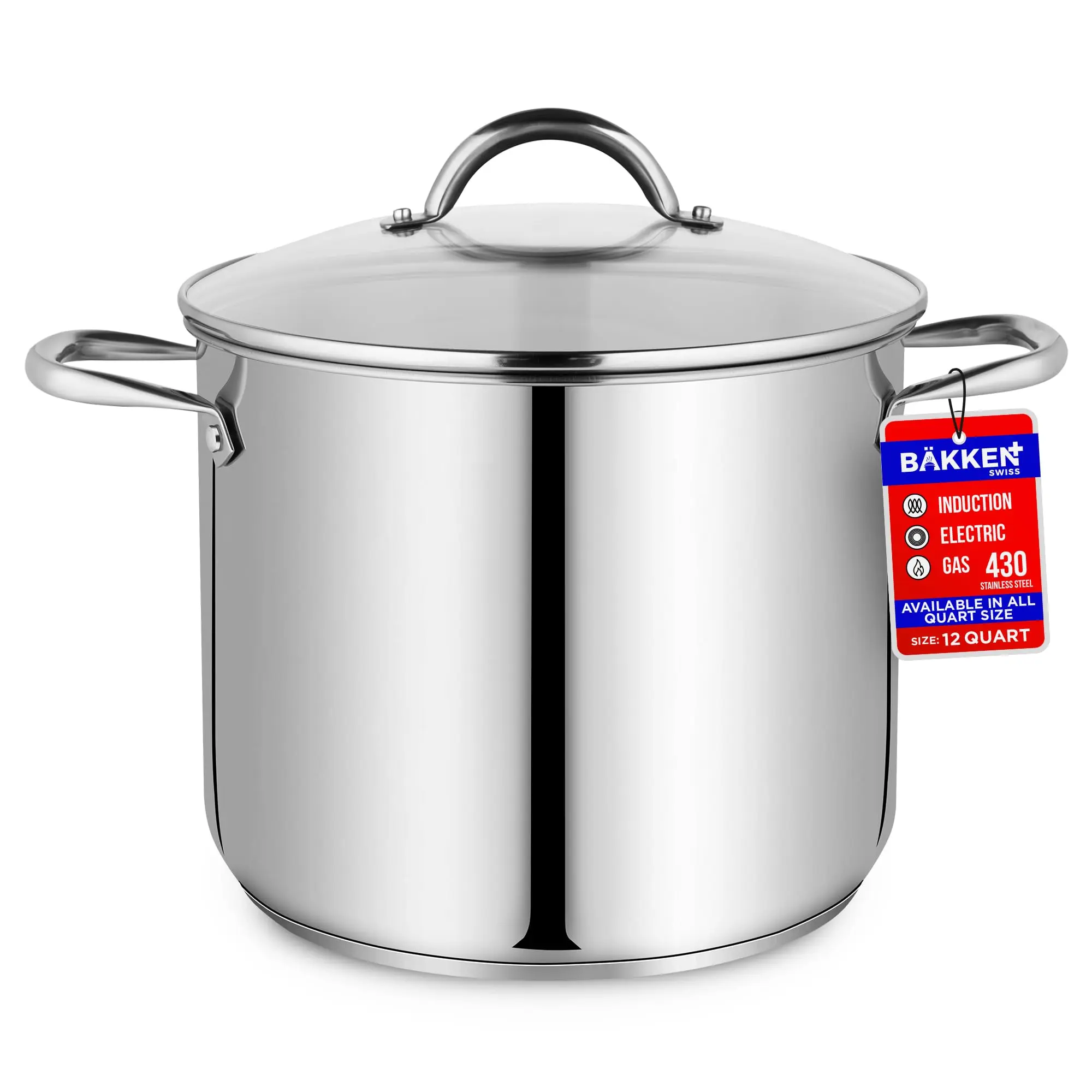 12-Qt Stainless Steel Stockpot with Tempered Glass Lid - 18/0 Stainless Steel Cookware, Impact-Bonded Base for Even Heating, Riveted Handles, Oven & All Stove Compatible, 500°F (260°C) Safe, Nonstick Carbon Dutch Oven Cooker