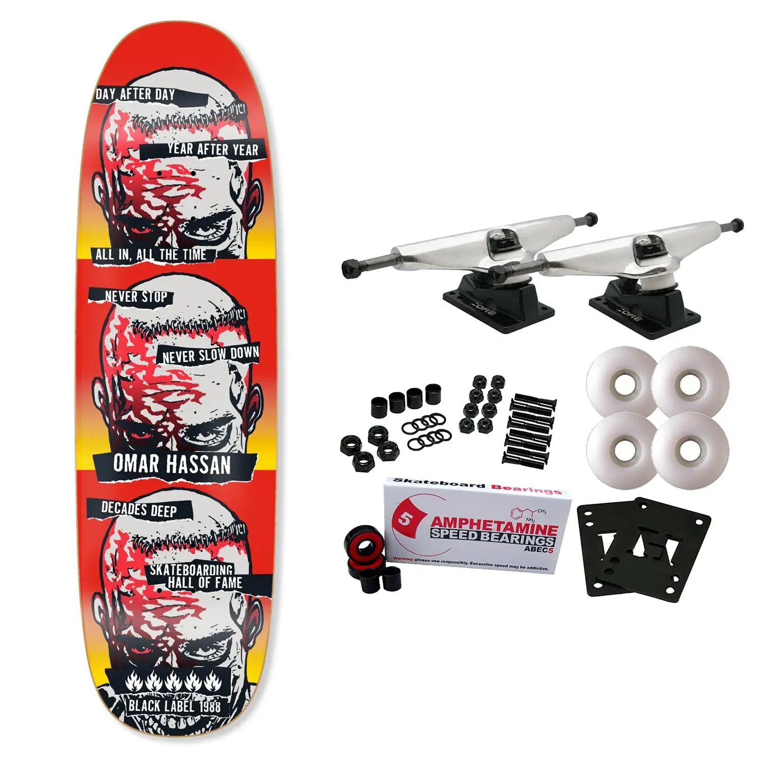 Black Label Skateboard Complete Omar Hassan Never Stop Shof Edition Black Widow Red 9.25" x 32.25"