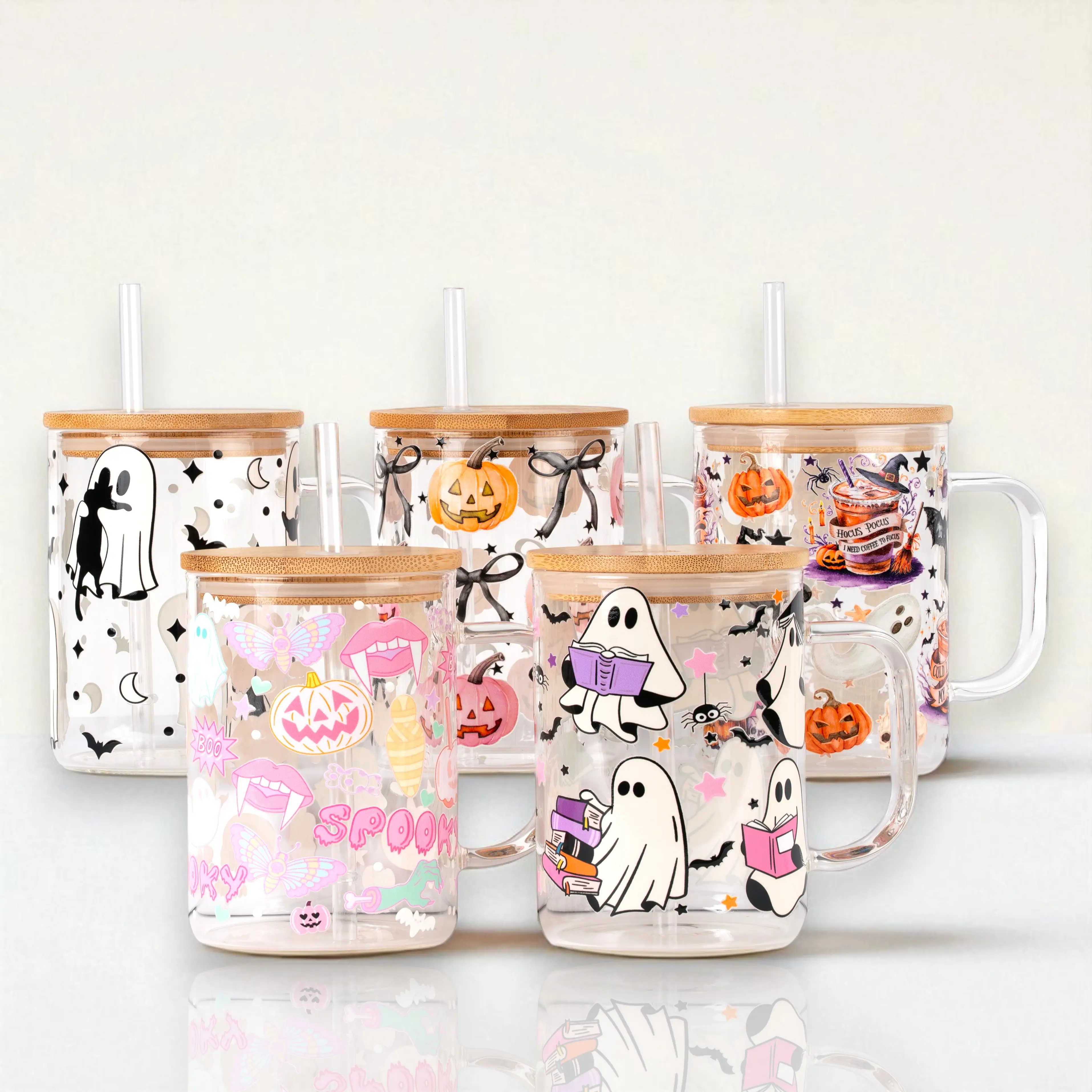 Sip-Sip Hooray! 17oz Halloween Glass Mug – Spooky Season Coffee Cup with Lid & Straw, Halloweentok 2024 Drinkware, Reusable & Portable Tumbler Lightwe