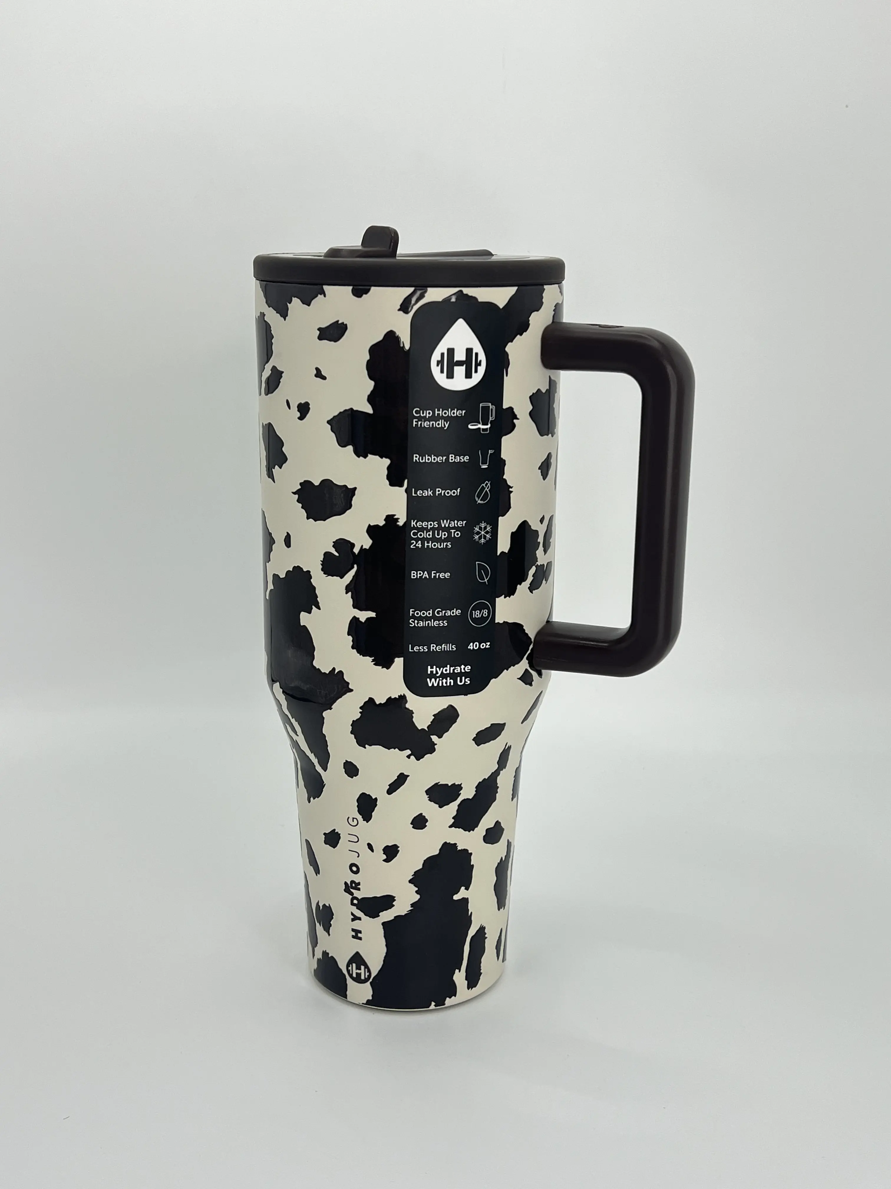 HydroJug 40oz Large Capacity Insulated Tumbler with Straw, Cow Print Pattern, Suitable for Sports, Outdoor and All Scenarios, Fits Car Cup Holders, All-Day Hydration Must-Have, Perfect Gift for Men and Women