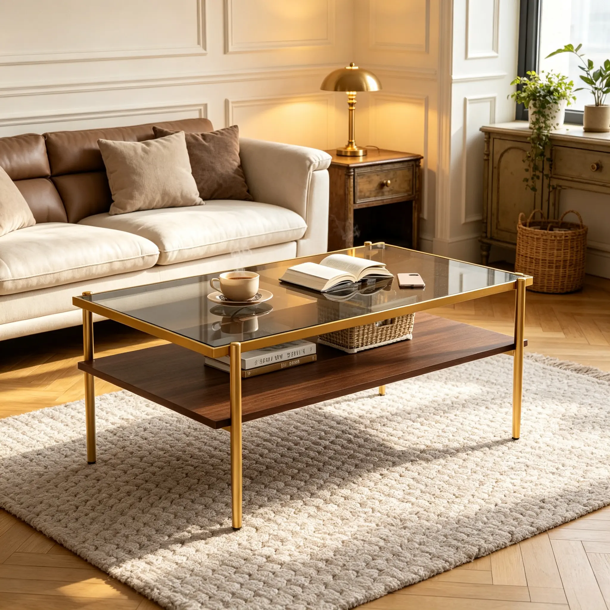 Modern Glass Coffee Table 38.39"L ×24.21"W ×17.72"H, Rectangular Tea Table with Metal Frame & Open Storage Shelf, Home Furniture for Living Room Apartment