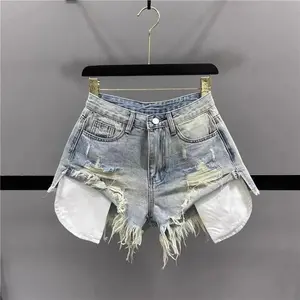 Korean vintage blue sexy ripped denim patchwork A-line high-waisted ultra-short women’s bottoms