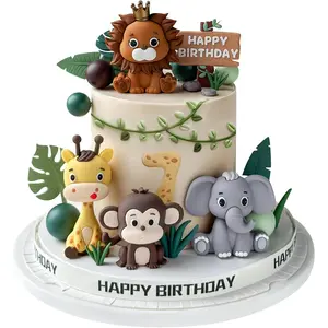 19pcs Safari Animal Cake Topper Jungle Wild Cake Decorations with Leaves Balls for Safari Animals Themed Birthday Party