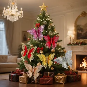 5 Pieces Christmas Sparkling Gold Glitter Butterfly Hollow Decorations, Festive Party Accessories for Holiday Cheer, Elegant Christmas Decor, Christmas Ornaments