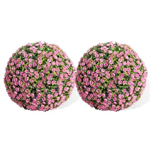 Decorative Artificial Rose Pattern Topiary Balls Set of 2 - PE Material, Fade-Resistant Flower Ornaments, Rose Artificial Trees for Indoor-Outdoor Hanging Home & Wedding Decor