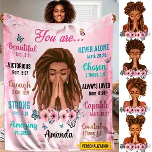 Customized Black Girls Blanket with Name, African Girl Blanket, Floral Princess Blankets for Kids Girls Women, Inspirational Throws Birthday Xmas Gifts Home Bedroom Decor