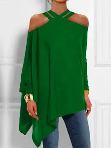 Women's Plain Solid Cold Shoulder Asymmetric Tee Top, Casual Aesthetic Long Sleeve T-shirt for Daily Wear, Comfortable Ladies Clothes for Spring & Fall