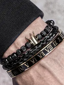 Men's Crown Design Beaded Bangle, Fashionable Braid & Roman Numerals Cuff Bracelet for Party, Daily Decor, Trendy Exquisite Jewelry for Birthday Gift, Accessories, Jewellery
