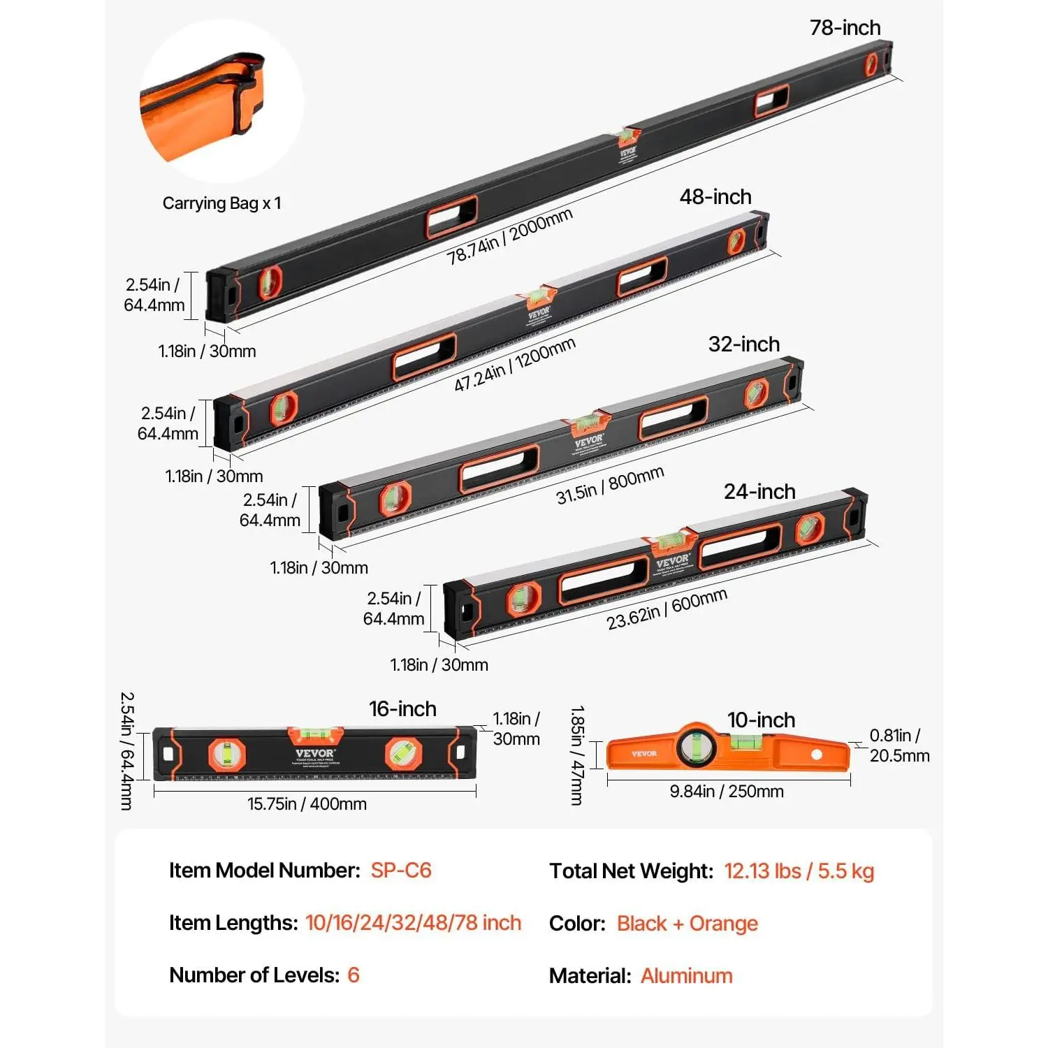 【FathersDayGift】 VEVOR 6-Piece Magnetic Torpedo Level Set, 10/16/24/32/48/78 in, Shock-Resistant Aluminum Alloy Levels with SAE & Metric Scales, Magnetic Box Leveler Tool