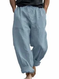 Men's Linen Blend Loose Fit Long Pants, Belted Waist, Rolled Hem, Breathable Comfort, Summer Beach, Seven Colors Available, Casual Outdoor Trouser