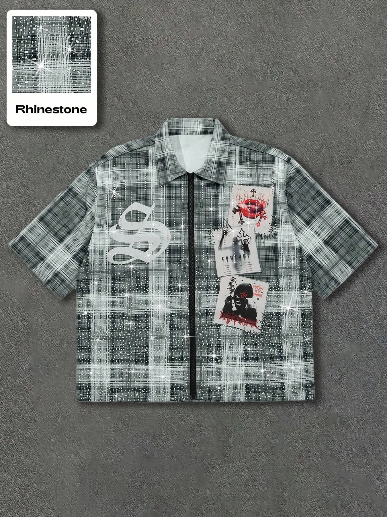 Men's Gothic Graphic Print Rhinestone Plaid Casual Shirt, Street Style Fitted-Woven Fabric, All-Season Fashionable Design, Menswear