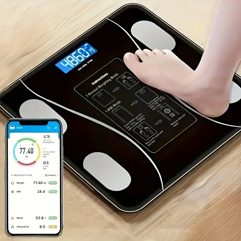 Black Premium Hand-Feel Smart Scale - High-Accurate Digital Electronic Scale with LED Backlit Display, Auto Calib., Auto On/Off, Universal APP Compatibility, Ideal for Weight Management (Home & Holiday Festive Party Gift Supply)