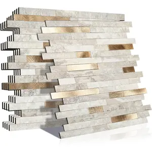 Peel and Stick Marble Tiles, Self-Adhesive  Wall Tile Stick  Bathroom, Fireplace, RV, Marble Beige with  Golden Embellished Stripes, 10-Sheet