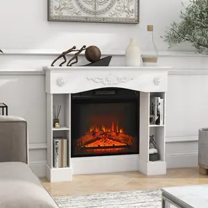 Baroque Fireplace Mantel, Freestanding Fireplace Surround with Leg for Electric Fireplaces, 45.3" W x 39.4" H, White