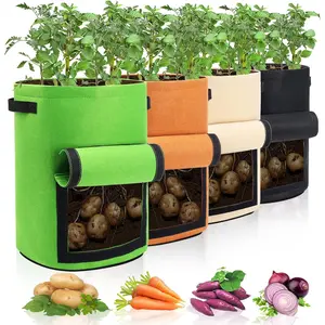 4 Pack Potato Growing Bag with Flap 10 Gallon Planter Pots with Handles and Harvest Window for Potato Tomato and Vegetables, Black Green Orange and Beige
