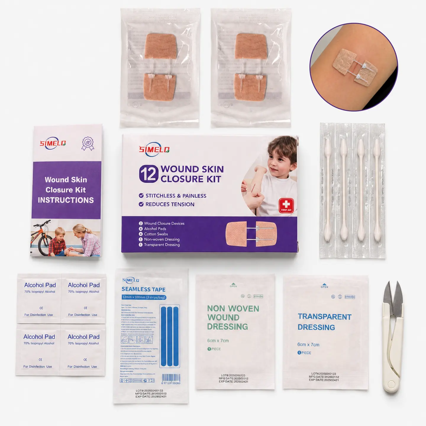 SIMELO Travel First Aid Skin Closure Kit, 12-Piece Compact Emergency Cut Care Set with Zip Skin Closure Devices, No-Stitch Solution for Small Cuts, Outdoor Injuries & Everyday Emergencies, Portable Wound Care Supplies for Camping, Road Trips & Hiking